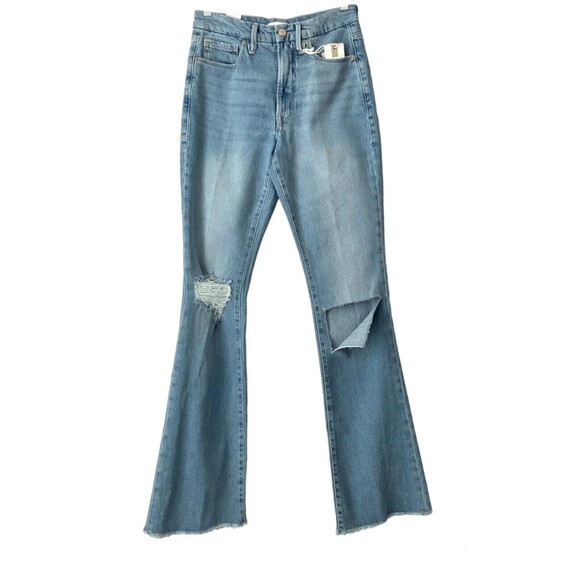 Good American Jeans Size 4 Blue Indigo129 Distressed Busted Knee Bootcut - Picture 2 of 12